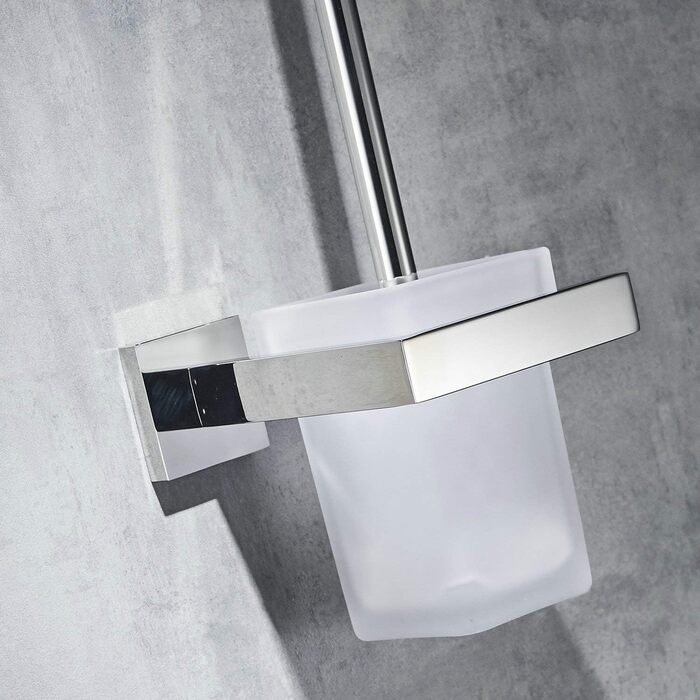 WC brush and holder, wall brush holder, chrome, toilet brush set. Toilet brush set made of 304 stainless steel and frosted glass for bathrooms.