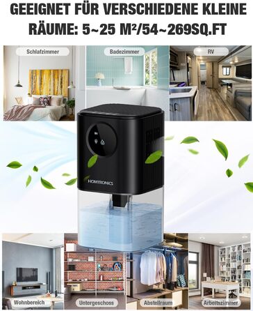 Електричний осушувач повітря Homtronics 1700 мл, компактний, портативний, тихий, з підсвіткою 7 кольорів, автовимкнення, для ванної, спальні, шафи, офісу (чорний)
