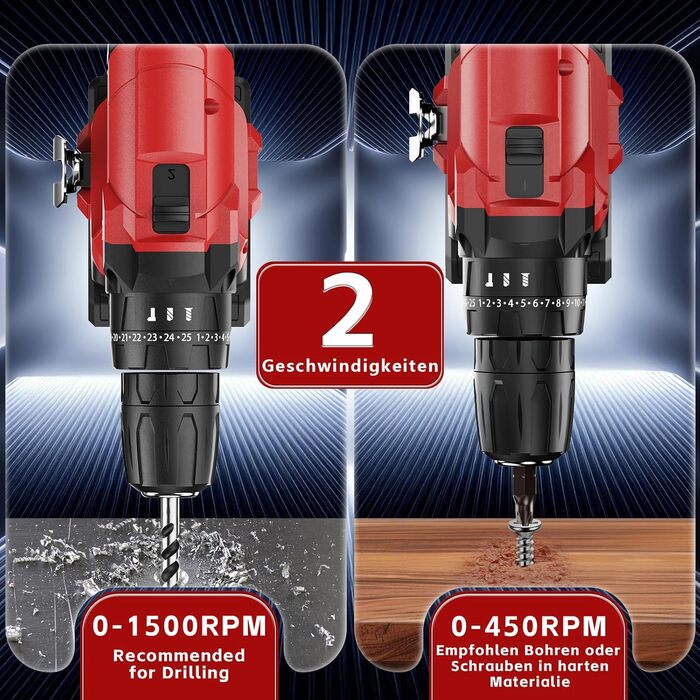 Акумуляторний шуруповерт 21V з двома акумуляторами 2000mAh, 45Nm, 25+3 ступені крутного моменту, LED, для дому та саду, DIY проєкти