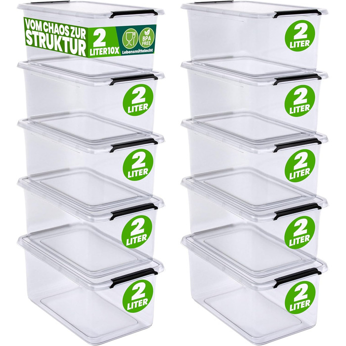 Deuba® 10x Storage Box with Lid 2L Box Plastic Crates Food Safe BPA Free Small Click Closure Transparent Stackable Kitchen Bedroom
