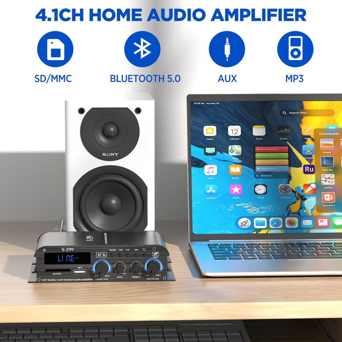 4.1-канальний підсилювач 1600W, Bluetooth 5.0, HiFi міні підсилювач для домашніх колонок 40Вт x4 + активний сабвуфер, USB/TF, MP3, пульт, 110-240V/12V, S299