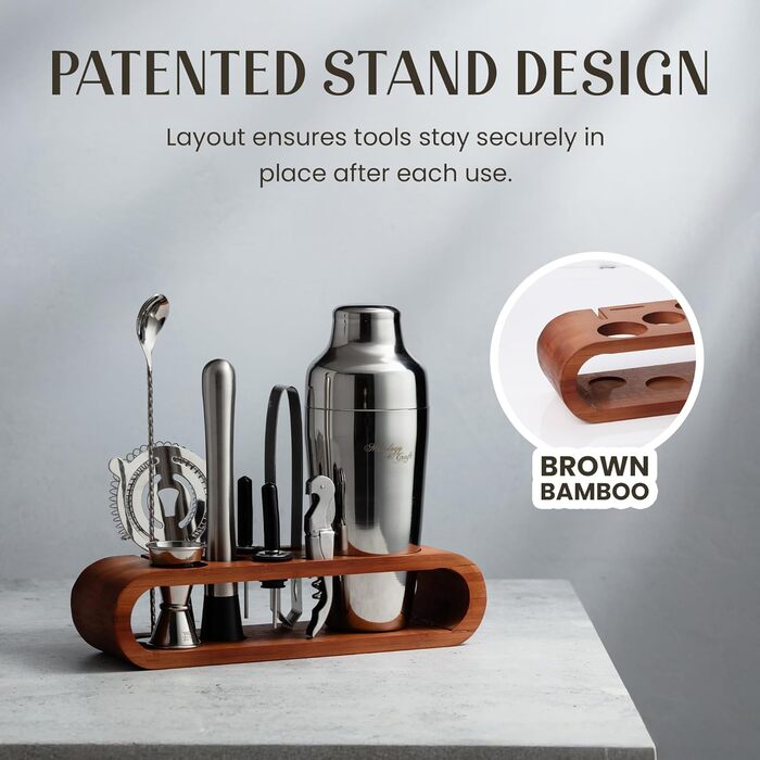 Набір для приготування коктейлів Mixology & Craft Cocktail Set (10 предметів) - Шейкер, аксесуари для бару в дерев'яному підставці з махогону, подарунковий набір, сріблястий, нержавіюча сталь, бамбук