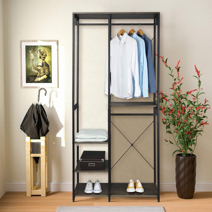WOLTU Clothes Rack Wardrobe Clothes Rail Laundry Rack with Shelf Shoe Rack made of Wood and Steel, Hanging Shelf, White + Light Oak (Black+Rust Color)