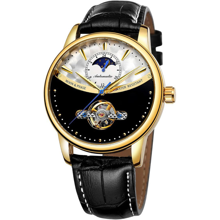 Чоловічий годинник на автоматичному механізмі з сапфіровим склом, корпус з нержавіючої сталі, шкіряний ремінець, годинник-скелетон, календар, золотий/чорний колір