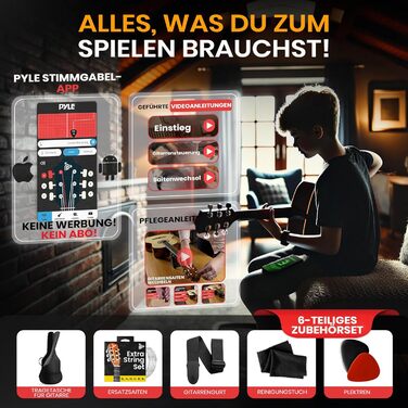 Акустична гітара Pyle для дітей та початківців, ½ розміру, з аксесуарами (сумка, тюнер, медіатор), чорна матова, 76 см