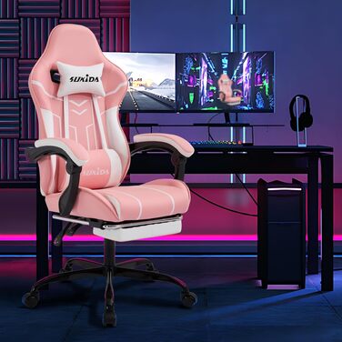 Ігрове крісло SUKIDA Ergonomic Gaming Chair з підножкою та підтримкою попереку, комп'ютерне офісне крісло (Рожево-біле)