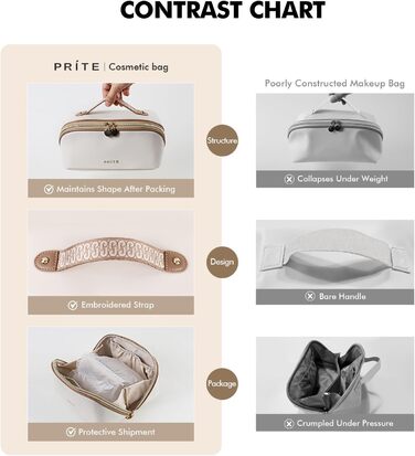 Косметичка велика містка для подорожей, водонепроникна з PU-шкіри, з прозорими перегородками та ручкою, бежева