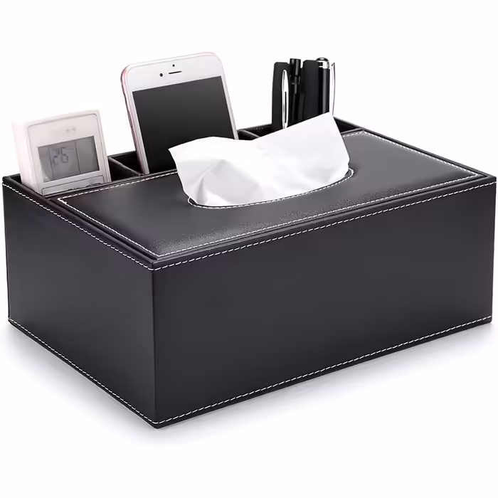 BSTKEY PU Leather Household Office Rectangular Tissue Box with Remote Storage Box - Elegant and stylish tissue holder for home desk storage box, Black