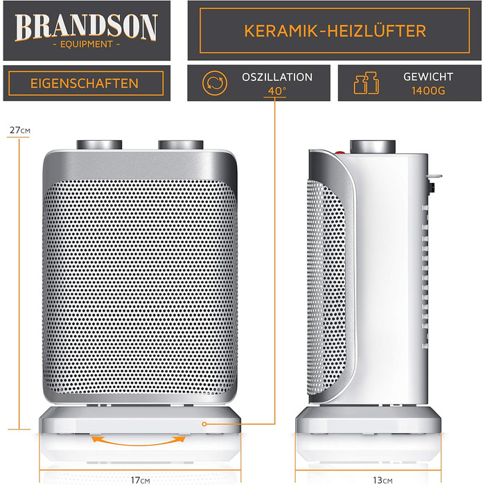 Електричний обігрівач Brandson 1500 Вт - тихий, енергоефективний, з керамічним нагрівачем, для ванної кімнати