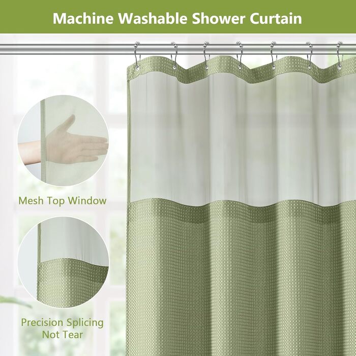 Шторка для душу з тканини Вафле, зелена, 183x183 см, з гачками, водонепроникна, для готелю