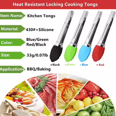 Mini Kitchen Tongs with Silicone Tips, Silicone Serving Tongs with 3 Sets, 17.8 cm, Non-stick Coated Small Tongs with Stainless Steel and Silicone Handles, Heat-resistant Tongs for Cooking, Grilling, Salad