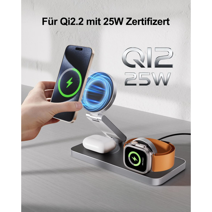 Бездротова зарядна станція 3-в-1 з Qi2.2 25W для Apple Watch та iPhone (MagSafe) + адаптер 35W, чорна