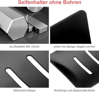 Тримач для мила без свердління, нержавіюча сталь, самоклеючий, кошик для мила, мильниця, кріплення на стіну для губок, щіток, мила, мильниця на стіну з 3M клейкою подушечкою для ванної кімнати, кухні, балкону (Чорний)