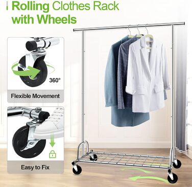 Heavy-Duty Clothes Rack, SPECILITE 2-in-1 Clothes Rack Stable with Wheels and Shelves, Load Capacity 217 KG, Adjustable Metal Heavy-Duty Garment Rack on Wheels