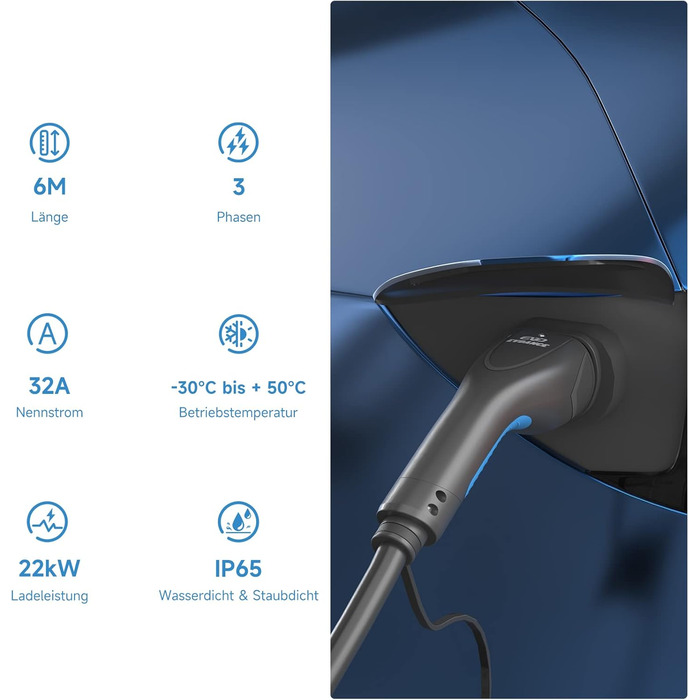Кабель для зарядки електромобіля Тип 2, 16A, 3 фази, 11 кВт з сумкою, 6м. Сумісний з усіма електромобілями (22 кВт, 32A)