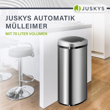 Сміттєвий бак кухонний Juskys з датчиком руху, 70 л, сріблястий - нержавіюча сталь, кутовий, з фіксатором для пакетів