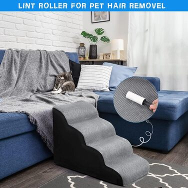LIANTRAL Dog Stairs, 3 Steps Dog Stairs for Bed and Sofa made of High-Density Sponge, Cat Stairs Dog Ramp with Removable, Washable Cover and Pet Hair Remover Roller, 40 cm High (4 Steps Grey & Black)