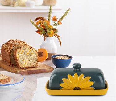 Farmhouse Ceramic Butter Dish with Lid, Large Sunflower Butter Dish