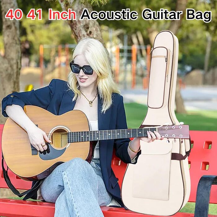 Водонепроникний кейс для гітари SUQ Oxford, 40/41 дюймів, з принтом музичних нот, нейлон, Gigbag, для електро-, акустичної та концертної гітари, ударостійкий, 8 мм підкладка, водонепроникний (бежевий)