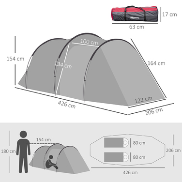 Намет Outsunny Tunnelzelt для 2-3 осіб, 190T туристичний намет з кілочками, скловолокном та поліестером, сірий, 426 x 206 x 154 см, ідеально підходить для пригод на природі
