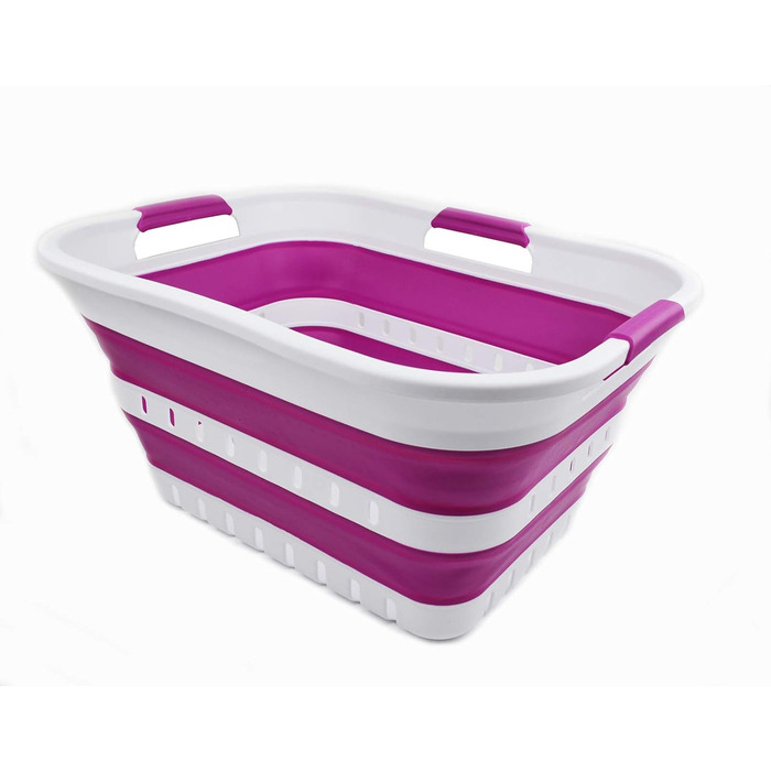SAMMART 30L Collapsible 3-Handle Plastic Laundry Basket - Foldable Pop-Up Storage Container/Organizer - Portable Wash Basin - Space-Saving Basket/Bin (White/Purple)