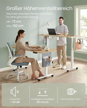 VASAGLE Electric Height Adjustable Desk - 60x120cm, Memory Function, Wood & Steel Frame