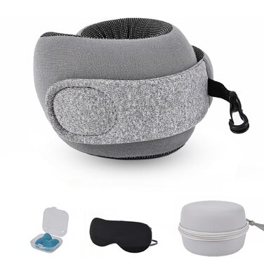 Подушка для подорожей під шию з ефектом пам'яті (Memory Foam) для літака та авто, сіра, з набором: беруші, маска для сну та сумка для зберігання