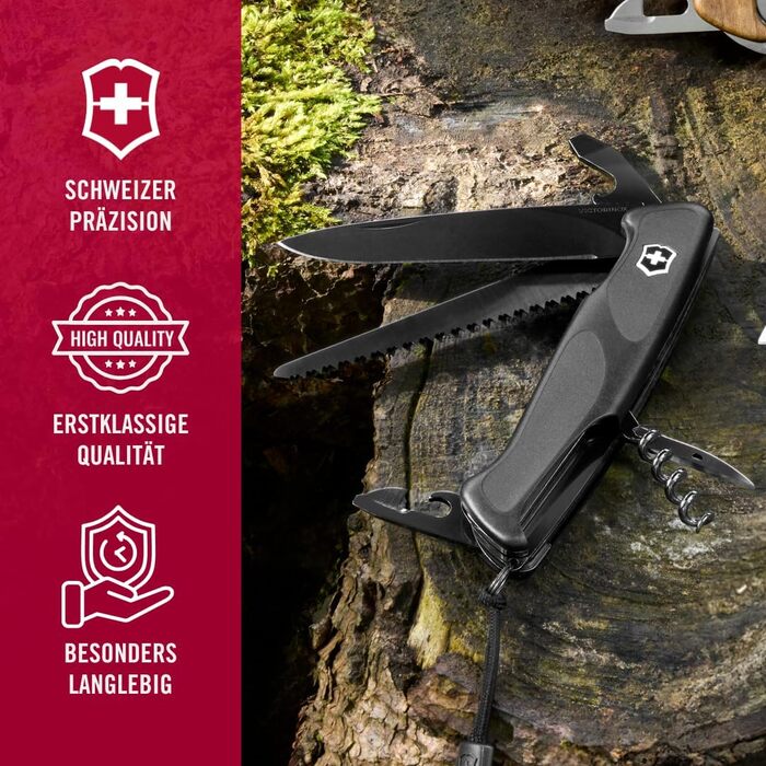 Швейцарський ніж Victorinox Ranger Grip 55 Onyx Black – мультитул з 12 функцій, чорний, 130 мм
