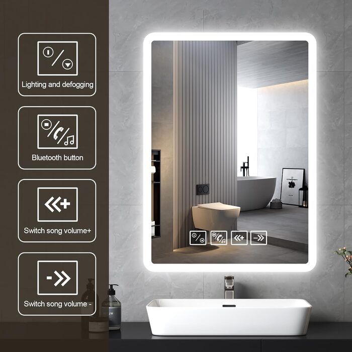 Дзеркало для ванної кімнати з підсвічуванням 50x70 см з Bluetooth, годинником, функцією проти запотівання та сенсорним вимикачем, 3 кольори світла, регулювання яскравості
