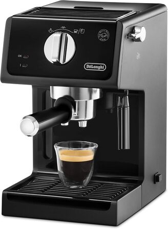 De'Longhi ECP 31.21 – Espresso Portafilter Machine, Espresso Machine with Aluminum Finish, including manual milk frother, with hot water function, suitable for ESE pods, 1.1 l water tank, black