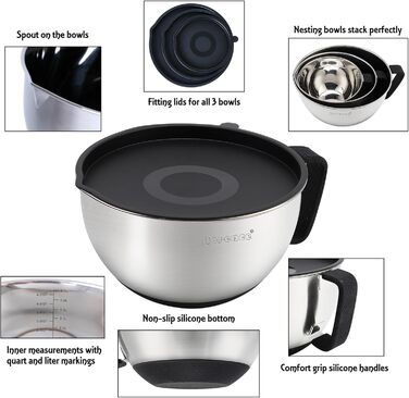 Rorence Stainless Steel Mixing Bowls with Pour Spout, Handle, and Lid, Set of 3, Black