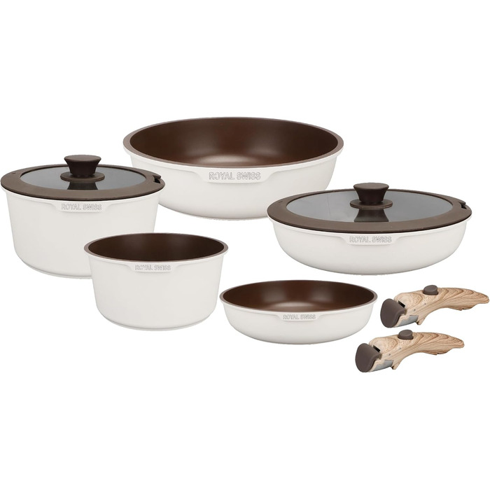 Набір посуду Royal Swiss 9-ти частинний з нержавіючої сталі, індукційний, з 2 ручками, для всіх плит - Бежевий Діамант (без PFOA, PFAS)