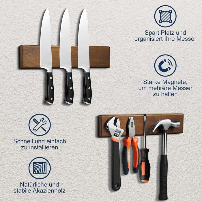 ENOKING Magnetic Knife Strip 26 cm, Magnetic Knife Block without Knives, Magnetic Knife Holder made of Acacia Wood with 2 Hooks