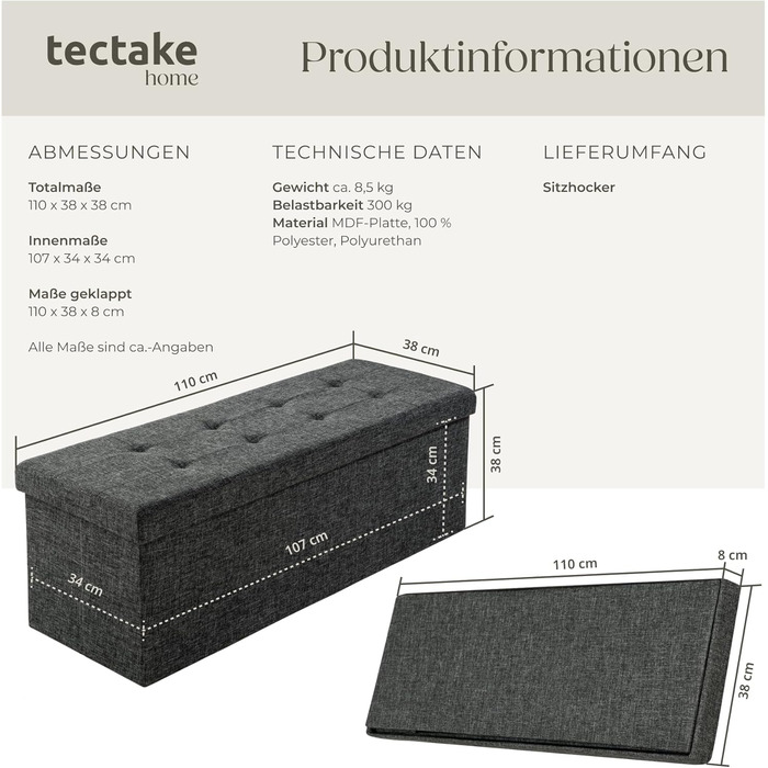 Складаний пуф-сидіння з місцем для зберігання tectake, темно-сірий, 110x38x38 см, банкетка-скриня для передпокою, кімнати, декор, комод для зберігання, взуттєва лавка