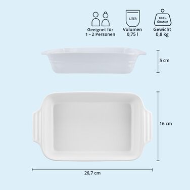 Форма для запікання KHG велика 40 см, об'єм 3 літри, кераміка, для 4-6 осіб, прямокутна, стійка до подряпин, для лазаньї, тірамісу та іншого (1 шт, біла)