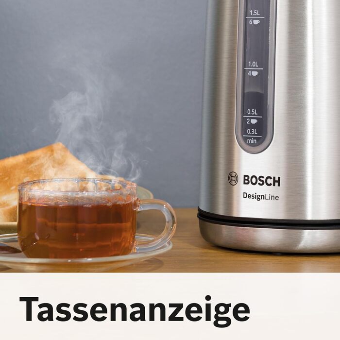 Електричний чайник Bosch DesignLine TWK4P440, 1.7 л, нержавіюча сталь/чорний, з індикатором рівня води та захистом від перегріву