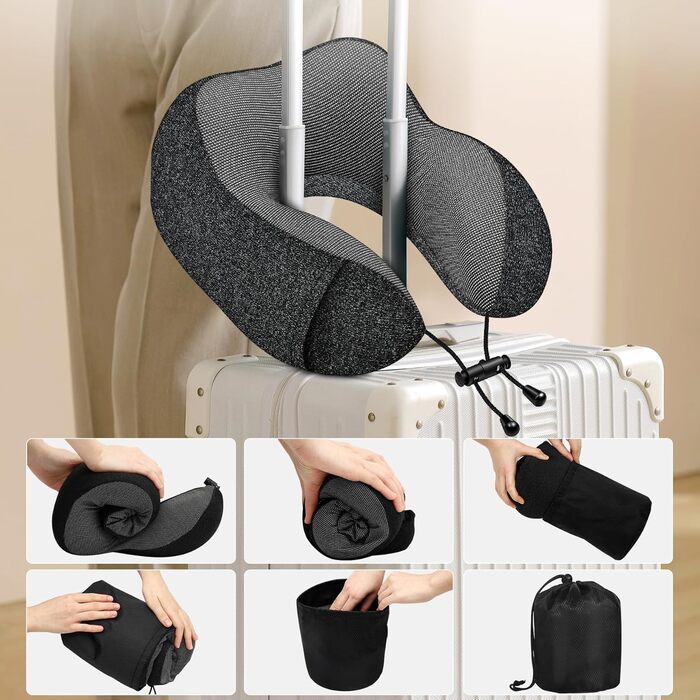 Подушка для шиї у літак - 100% Memory Foam - Зручна подушка для подорожей - з 3D-маскою для сну та навушниками - Ідеально для літака, авто, дому, офісу, чорна
