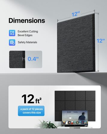 Акустичні панелі для шумоізоляції стін самоклеючі, квадратні звукопоглинаючі плити високої щільності, 30x30x0.9 см, чорні, 12 шт.
