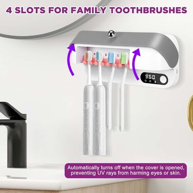 Bestcool Toothbrush Holder Wall Mount, UV Toothbrush Sterilizer with 4 Brush Slots, UVC Sterilization & Drying Electric Toothbrush Holder for Baby & Family, Bathroom Organizer