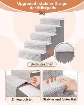 KSIIA Dog Stairs for Small Dogs 44cm High, Pet Stairs with Removable Washable Cover, Cat Stairs for Old Cats and Dogs, Non-Slip Dog Ramp Dog Stairs for Bed Sofa, Grey (5 steps (L75 x W40 x H55 cm))