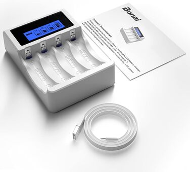 Зарядний пристрій BONAI для акумуляторів AA AAA з USB, 4 слоти, LCD дисплей, розумна зарядка NI-MH NI-CD