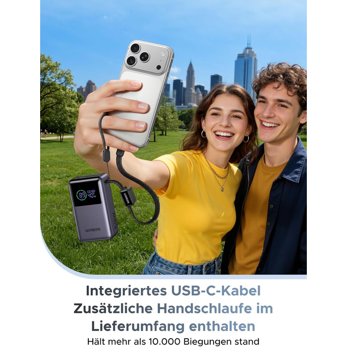 Power Bank UGREEN 10000mAh 55W з вбудованим кабелем, PD 45W, Mi Turbo Charge для Xiaomi, сумісний з iPhone 15/16/17 (Сірий)