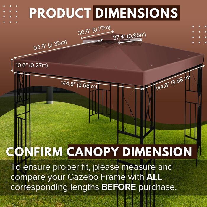Replacement Gazebo Canopy Cover for Gazebo, 2.5 x 2.5 m, Waterproof Cover - Double-Layer UV30 Cover for Awnings, Garden, Terrace, Courtyard, Tent (Ivory) (Brown)