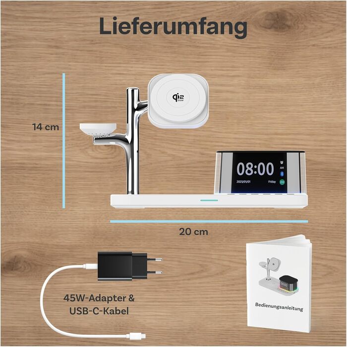 Бездротова зарядна станція 5-в-1 MMOBIEL MagSafe Qi2.2 25W з годинником, Bluetooth-колонкою та нічником LED (біла) для iPhone, Apple Watch, AirPods