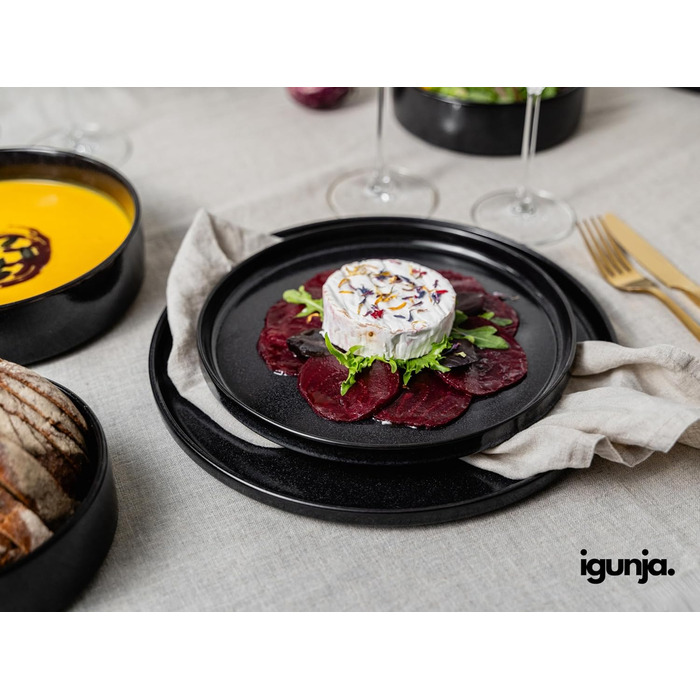 Igunga Stoneware Dinnerware Set - 12 Piece Service for 4 | Reactive Glaze, Matte Black & Glossy Interior Bowls | Premium Handcrafted Tableware