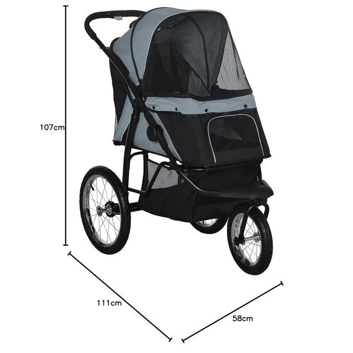 Візок для собак та котів PawHut - складаний, до 20 кг, з великими колесами, з килимком та сіткою, сірий