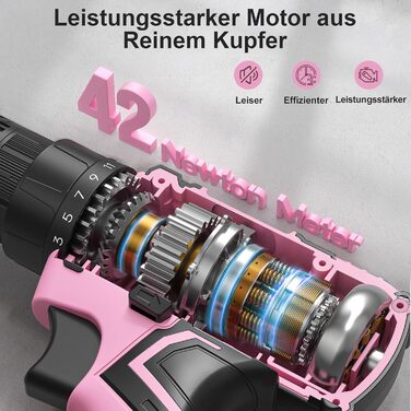 Акумуляторний шуруповерт 20V з набором аксесуарів 85 шт. (85tlg), 42Н.м, 2000mAh, 25+1 момент, 10мм патрон, легкий, LED, рожевий (для подарунка на День святого Валентина)