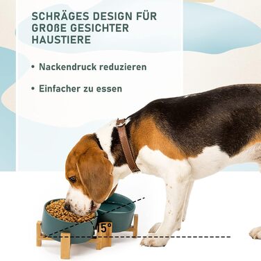 SpunkyJunky Adjustable Ceramic Dog Bowls - 2 Pack, 850ml, Green - Tiltable Pet Food Bowls for Dogs, Cats & Puppies with Bamboo Stand