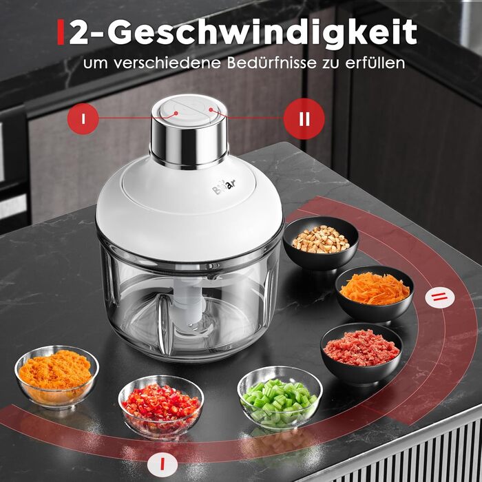 Електричний міні-чопер Bear 0.6L+2L: подрібнювач/м'ясорубка з 4-ма лезами з нержавіючої сталі, скляний контейнер для м'яса, дитячого харчування, фруктів та овочів