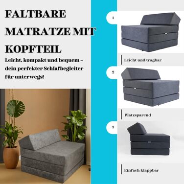 Складний матрац FORTISLINE 200x70x10 см для гостей та кемпінгу, три секції, середня жорсткість H2, знімний чохол, складаний, поролоновий, сірий, для дорослих